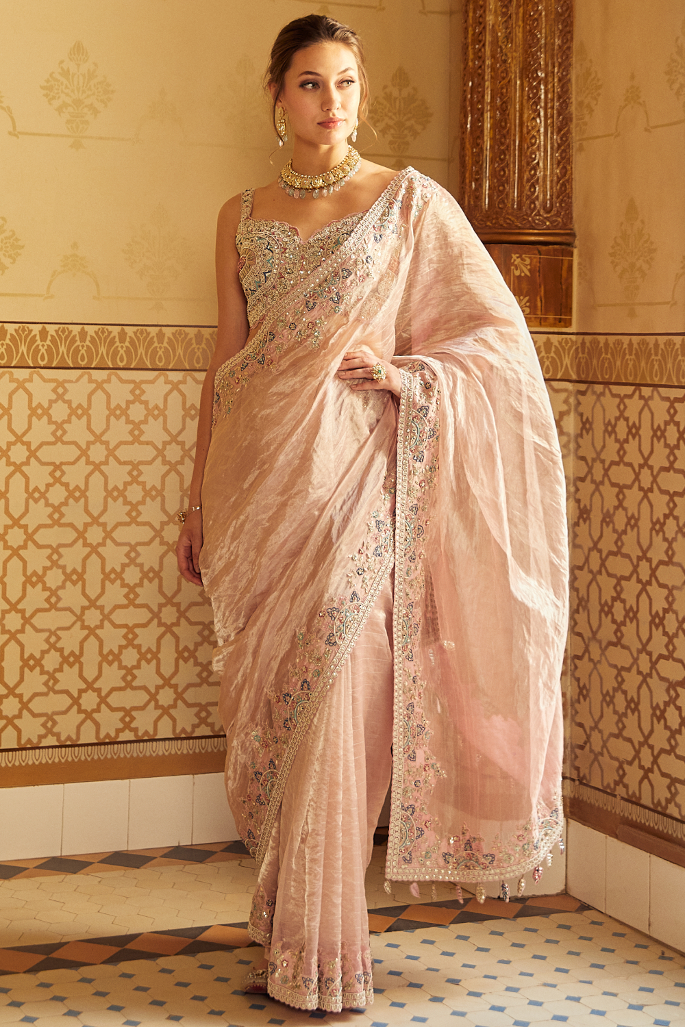 Soft Berry Hand Embroidered Tissue Saree