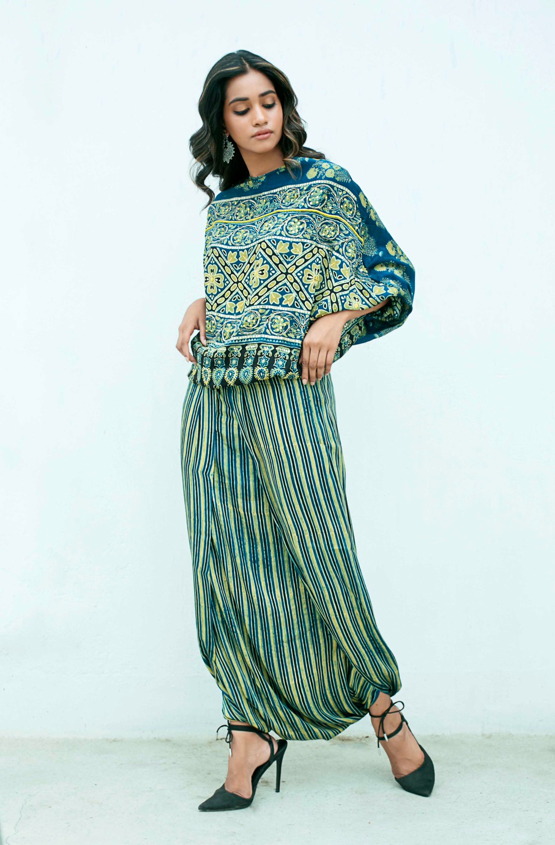 Anti-Fit Indigo Blue Kaftan Top With Dhoti Skirt