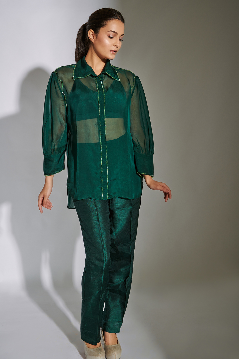 Weaving Cult Green Solid Organza Embroidered Shirt
