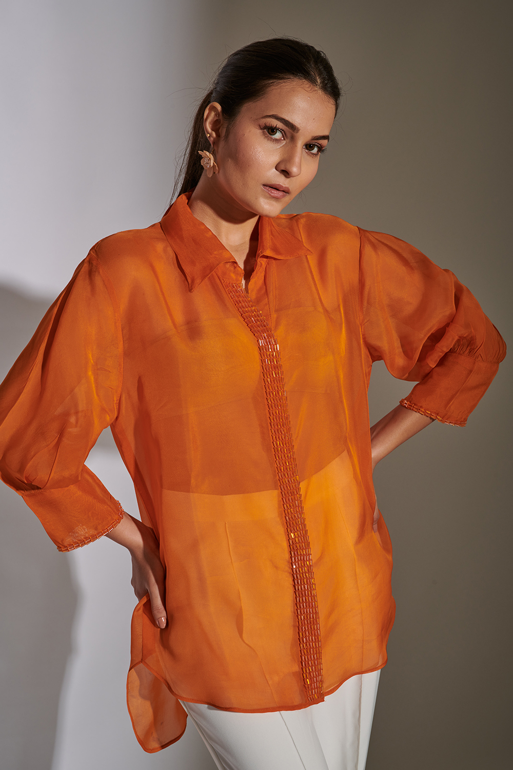 Weaving Cult Orange Solid Organza Embroidered Shirt