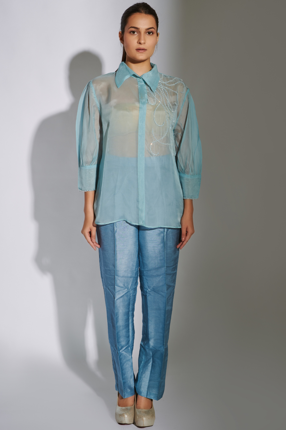 Weaving Cult Sky Blue Organza Embroidered Shirt