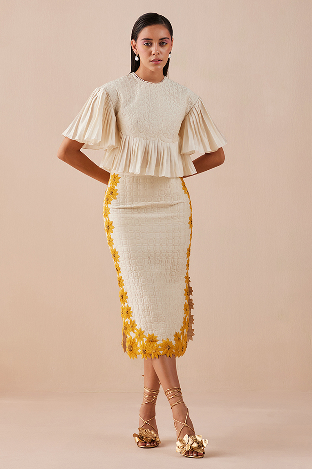 Ivory Quilted And Pleated Top