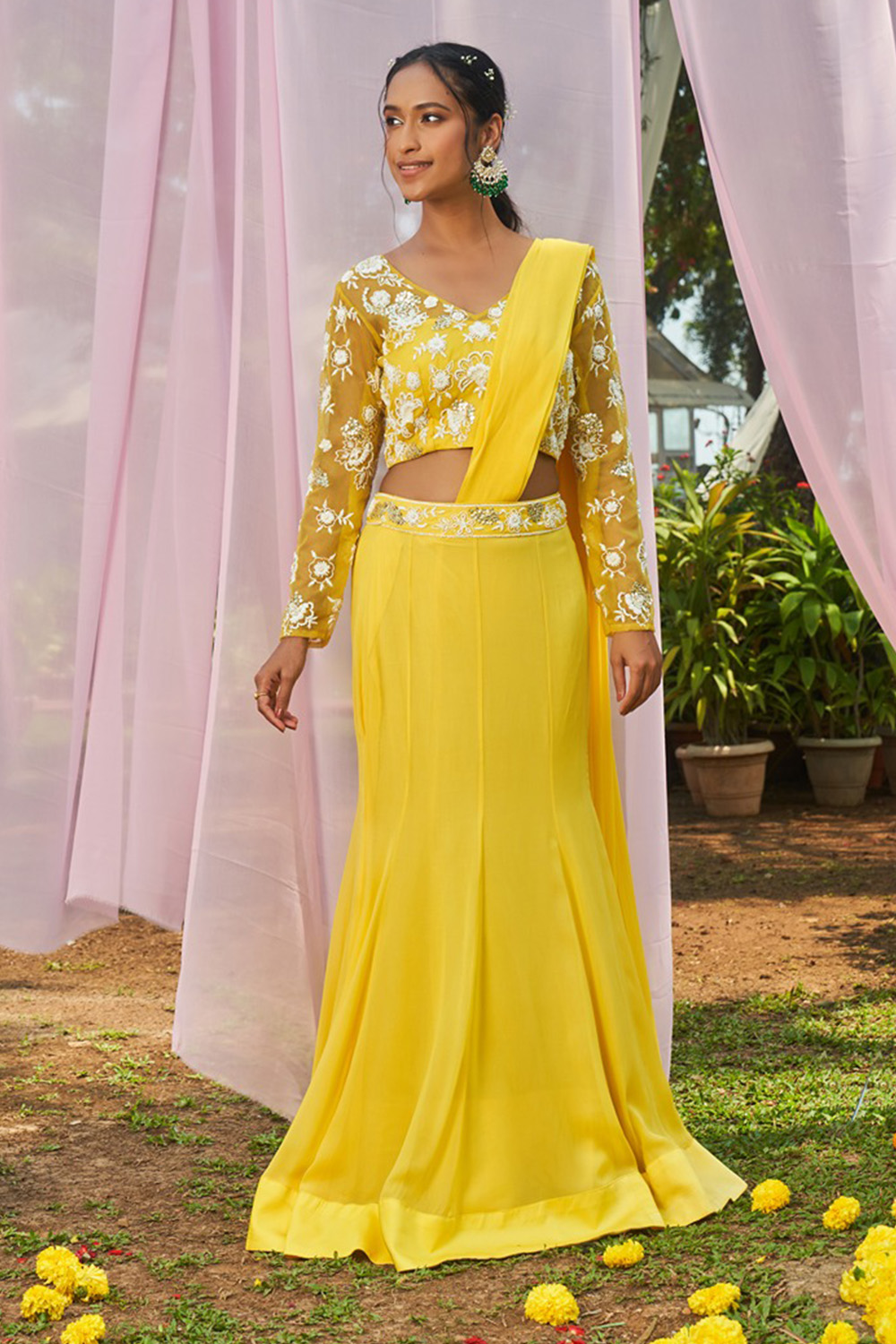 Bright Yellow Pre-Stitched Saree With Hand Embroidered Blouse