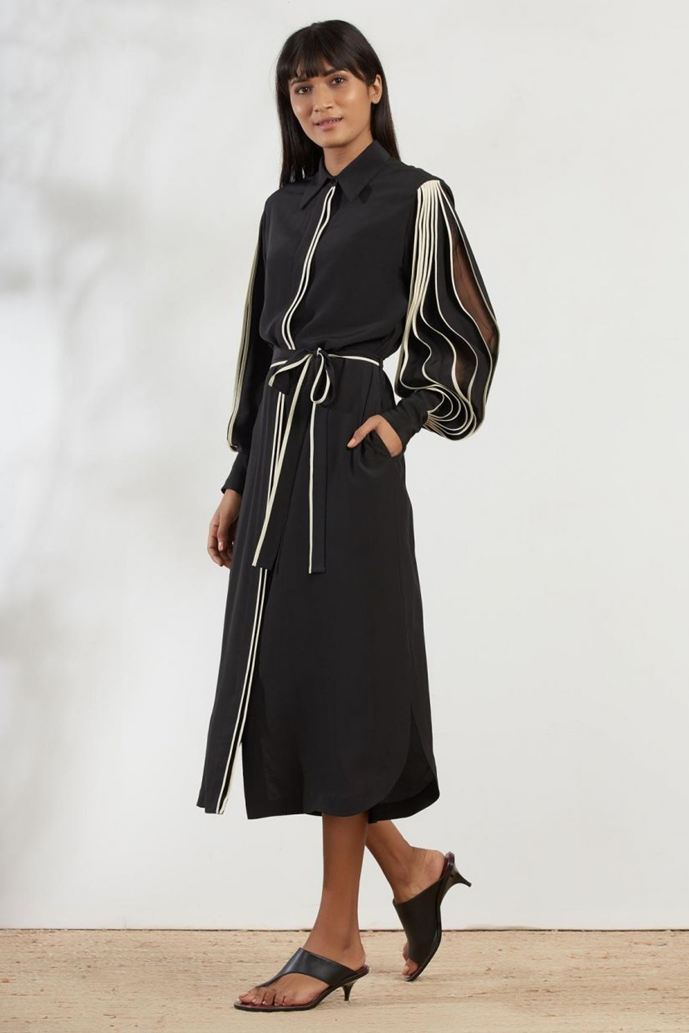 Belted Shirt Dress With Pleated Sleeves In Black
