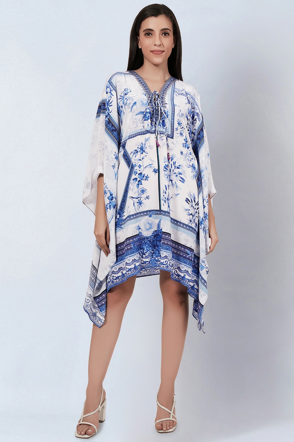 White And Blue Embellished Floral Print Kaftan Tunic