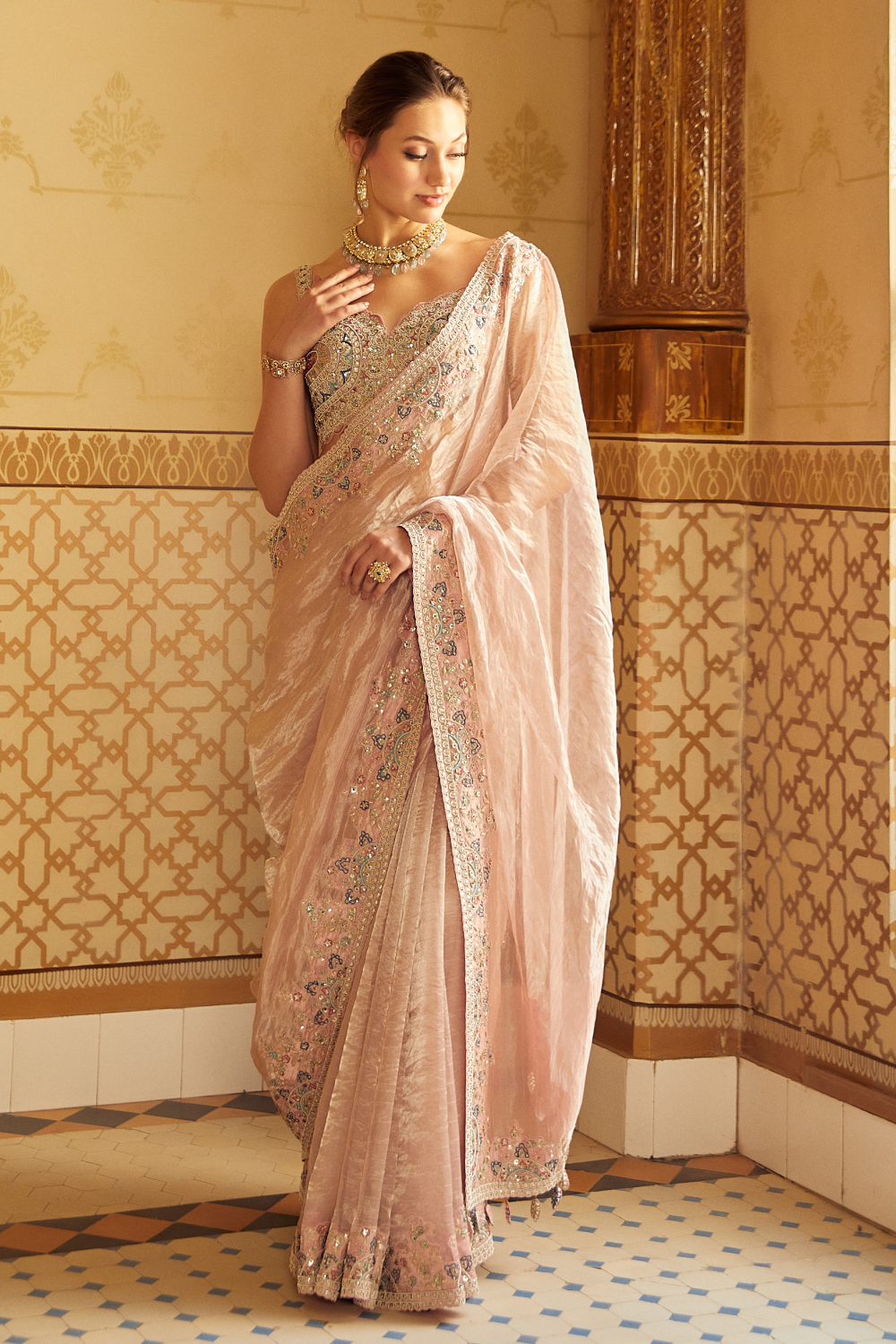 Soft Berry Hand Embroidered Tissue Saree