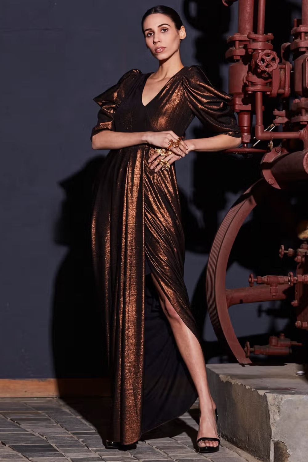 Metallic Copper Draped Toga Style Dress With Puffed Sleeves
