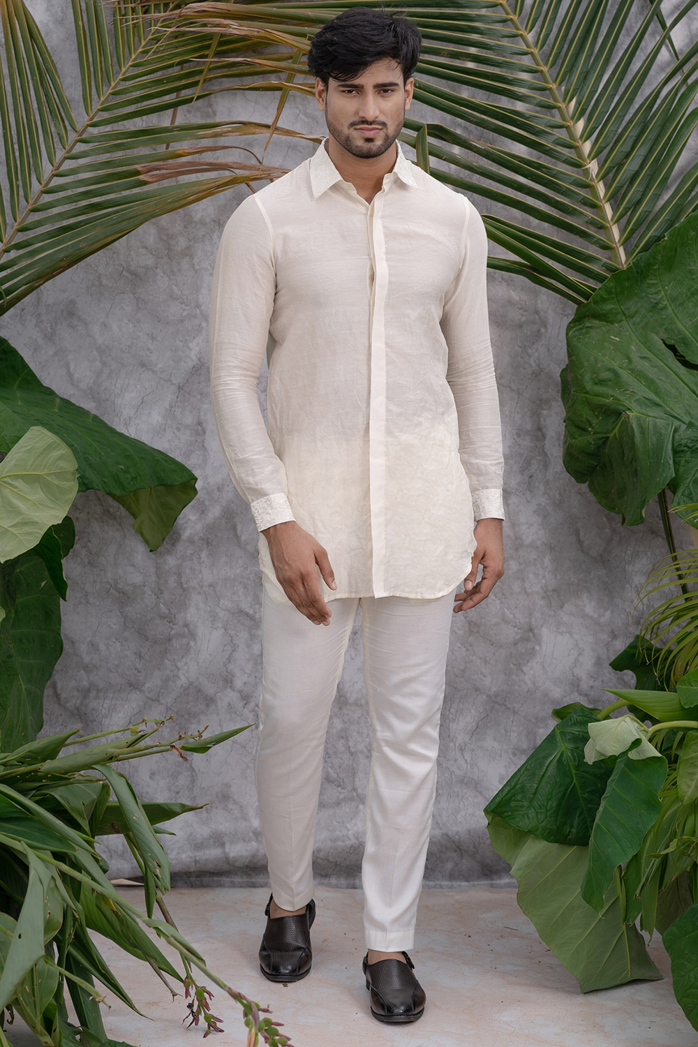 Ivory Crushed & Embroidered Shirt Kurta Set